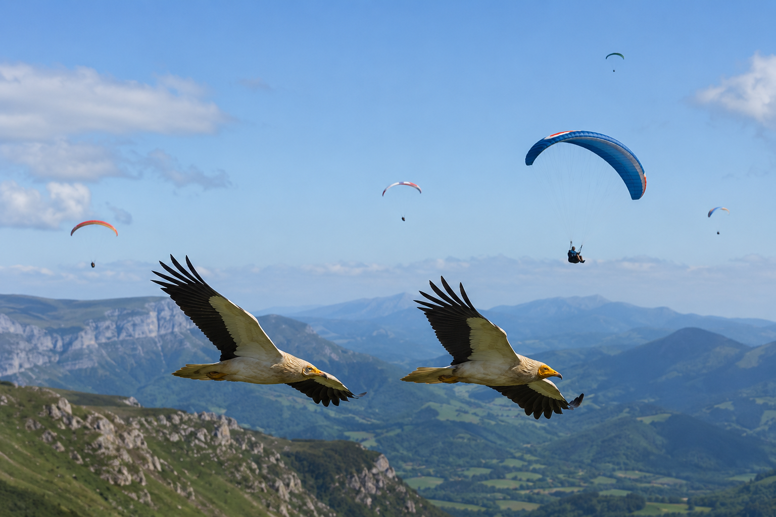 Alimoches volando junto a parapentes Alimoches y parapentes