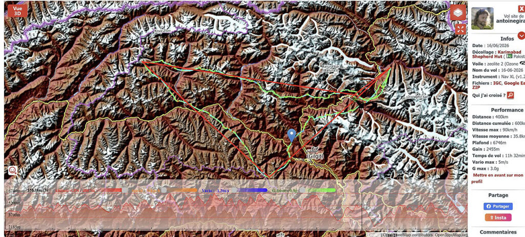 Antoine Girard 400 km de tringulo FAI en Pakistán, nuevo hito en la historia del parapente. 2 Puedes analizar al detalle cada giro, altitud y velocidad en el Track oficial de Antoine Girard en Syride.